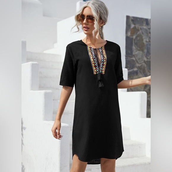 Black dress/ cover up with tassels and v neck design - Picture 7 of 8